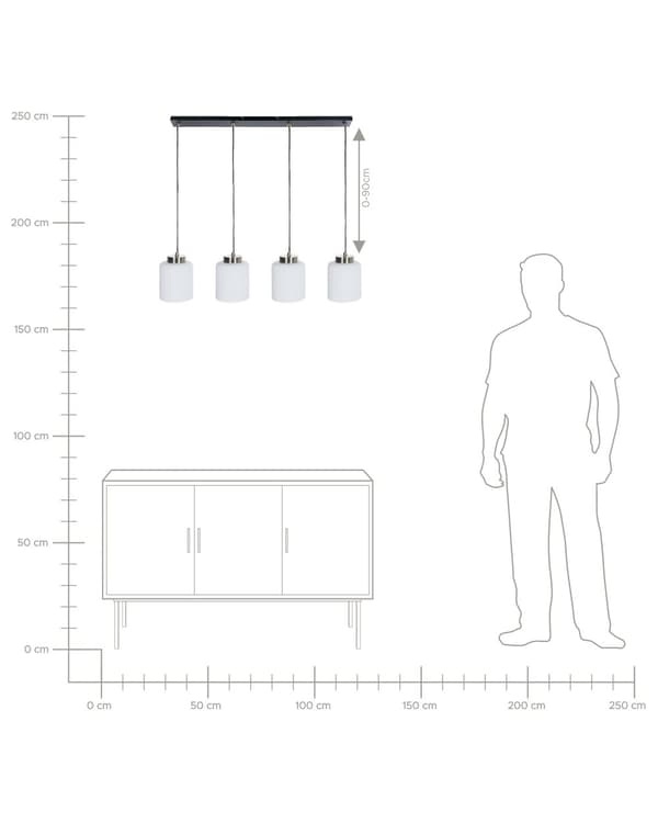 Pendellampe Pendellampe i svart messingmetall med 4 hvite glasskjermer Moderne industriell design