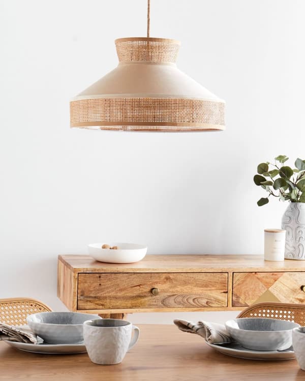 Riippuvalaisin beige luonnonväri 167 cm rottinki sametti hajavalo kartiovarjostin boho moderni