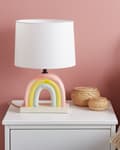 Miniatyrbilde 4 av 9: Bordlampe Flerfarget keramisk trommelformet skjerm i polyesterbomull Halvrund regnbuesokkel Minimalistisk design