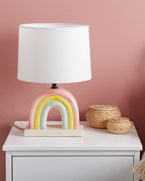 Bordlampe Flerfarget keramisk trommelformet skjerm i polyesterbomull Halvrund regnbuesokkel Minimalistisk design