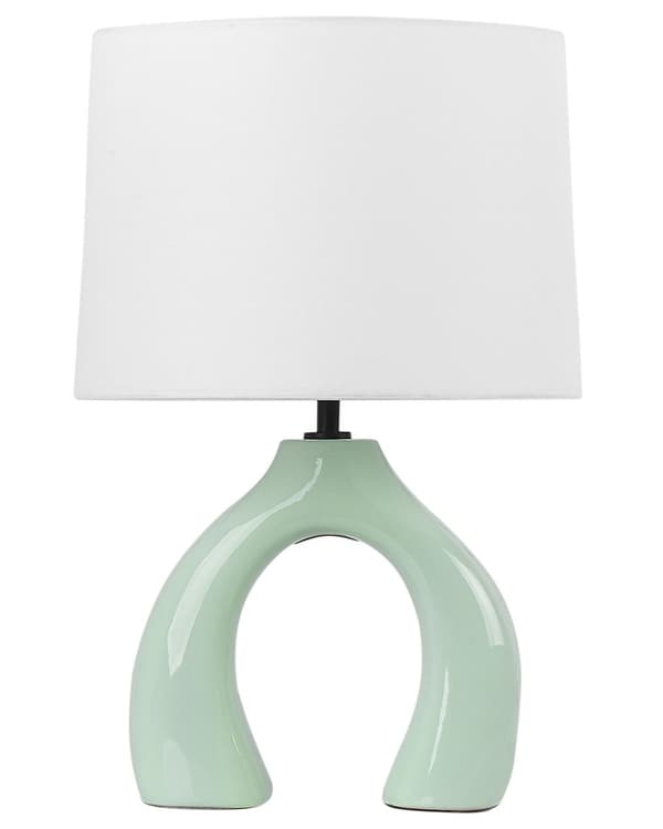 Bordlampe lysegrøn keramisk halvcirkelformet base polyester bomuldsskærm rund belysning til stue soveværelse