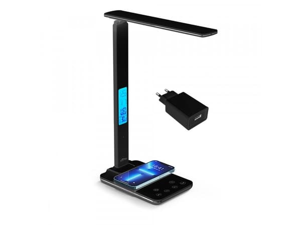 Media-Tech LEDITOU - Energibesparende LED skrivebordslampe med 15W QI trådløs lader. Opplyst vekkerklokke med °C/°F termometer, 3 lysfarger, 9 lyssty