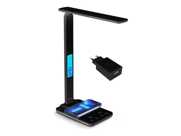 Media-Tech LEDITOU - Energibesparende LED skrivebordslampe med 15W QI trådløs lader. Opplyst vekkerklokke med °C/°F termometer, 3 lysfarger, 9 lyssty