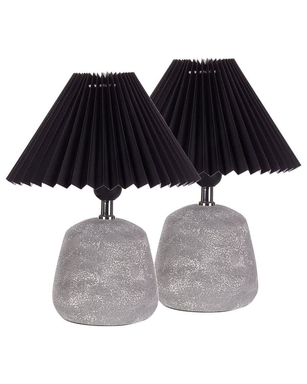 Sett med 2 bordlamper Svart og grå keramikksokkel Plissert syntetisk skjerm Nattbord nattbordslampe