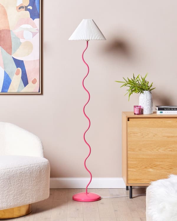 Gulvlampe med rosa og hvit metallsokkel Plissert lampeskjerm i plast Vintage Retro-stil