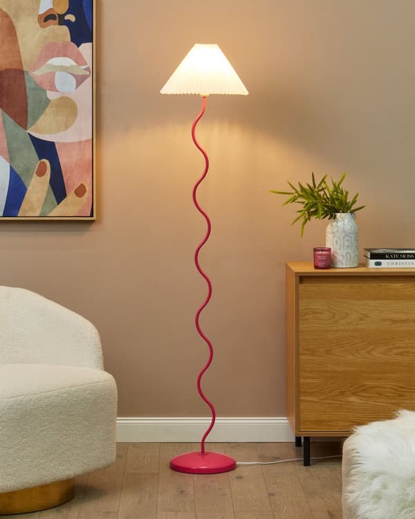 Gulvlampe med rosa og hvit metallsokkel Plissert lampeskjerm i plast Vintage Retro-stil