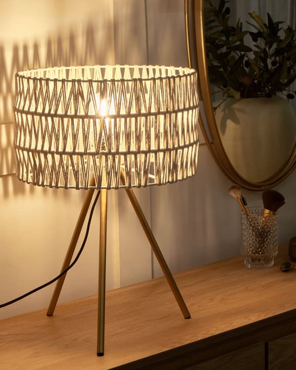 Pöytävalaisin beige kulta 25 x 48 cm puuvilla rauta kolmijalkainen sylinterivarjostin moderni
