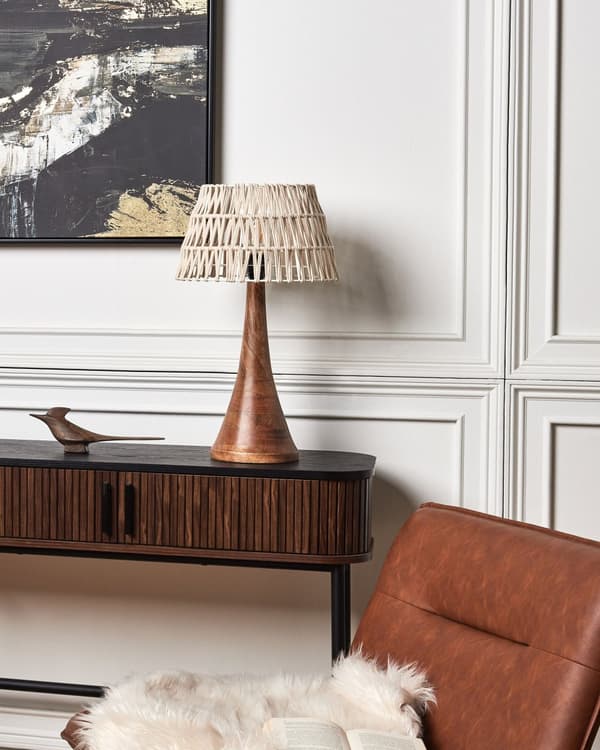 Pöytävalaisin beige tumma 22 x 47 cm puuvilla mangopuu sylinterivarjostin käsintehty moderni