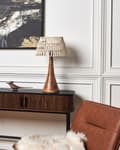 Miniatyrbilde 4 av 9: Bordlampe Beige og mørk bomullsskjerm Mangotresokkel Metallramme Enkelt lys Moderne design Hjemmetilbehør Stue