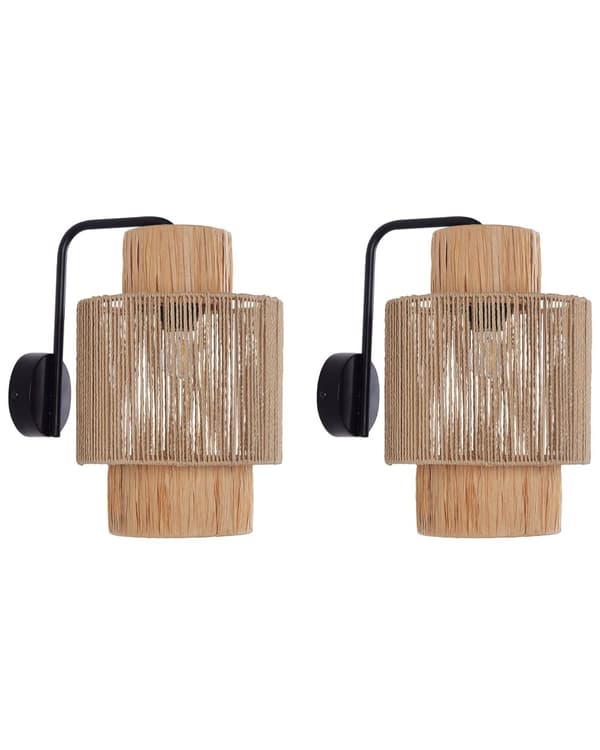 Sæt med 2 væglamper Naturlig Raffia papir reb lampeskærm Boho stil lysarmatur Håndlavet Stue Soveværelse