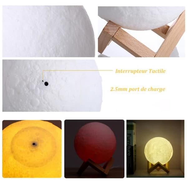 3D Moon Lamp 15CM 2 Colors Touch USB Uppladdningsbar med träställ Idealisk present