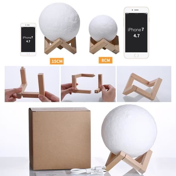 3D Moon Lamp 15CM 2 Colors Touch USB Uppladdningsbar med träställ Idealisk present