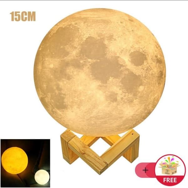 3D Moon Lamp 15CM 2 Colors Touch USB Uppladdningsbar med träställ Idealisk present