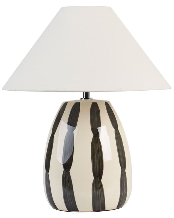 Bordlampe Lys Beige og svart keramikk 41 cm Hvit kjegleskjerm Håndlaget Sengebord Stue Soverom Soveværelse Belysning
