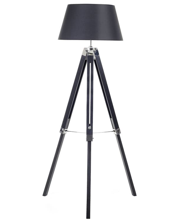 Gulvlampe Sort Sølv Polybomuld og Fyrretræ Stel 143 cm Moderne Standerlampe Tripod industriel stil Kegle Formet Lampeskærm til Stue Design