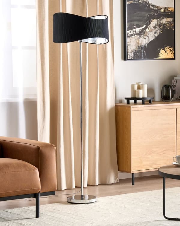 Gulvlampe Fod i sølv og sort metal Lampeskærm i imiteret silke Moderne og nutidig stil
