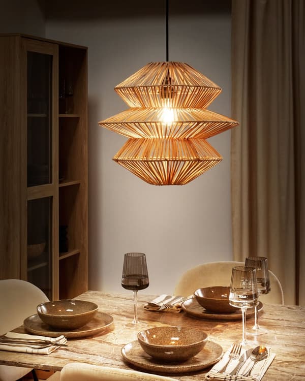 Pendellampe Naturlig Rottingskjerm Svart Jernfot Boho Hengende Lampe Stue Soverom Gang