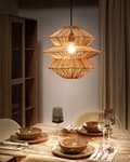 Miniatyrbilde 2 av 9: Pendellampe Naturlig Rottingskjerm Svart Jernfot Boho Hengende Lampe Stue Soverom Gang