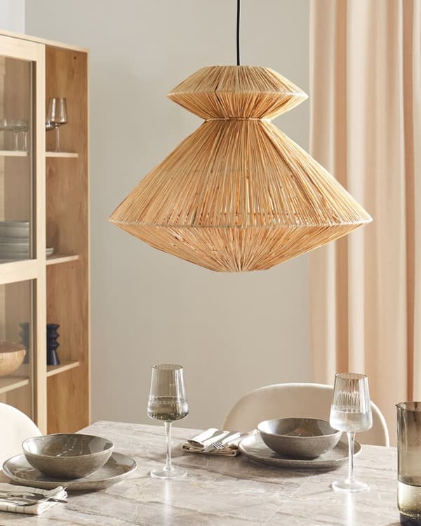 Pendellampe Naturlig stråskjerm Svart jernfot Boho Lightning Hengende lampe Stue Soverom Gang