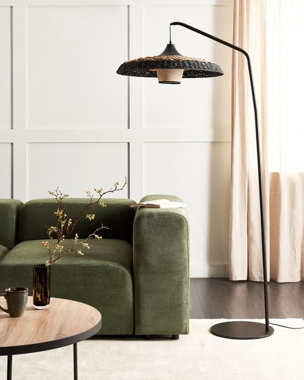 Gulvlampe Svart Beige Papirtau Metallfot Bohemsk stil Stue Soverom Belysning Stålampe