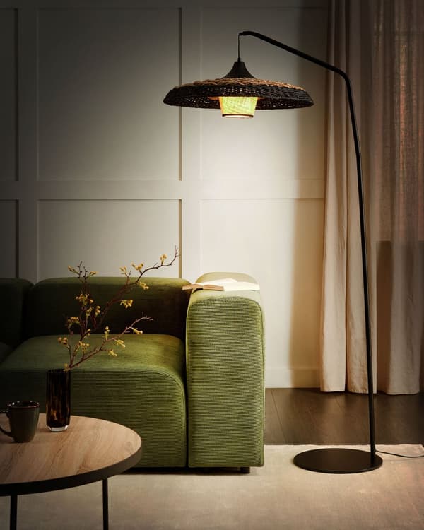 Gulvlampe Svart Beige Papirtau Metallfot Bohemsk stil Stue Soverom Belysning Stålampe