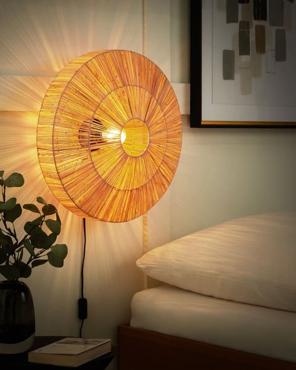 Vägglampa Naturlig Halmskärm Svart Järnbas Boho Belysning Lampett Sovrum Vardagsrum