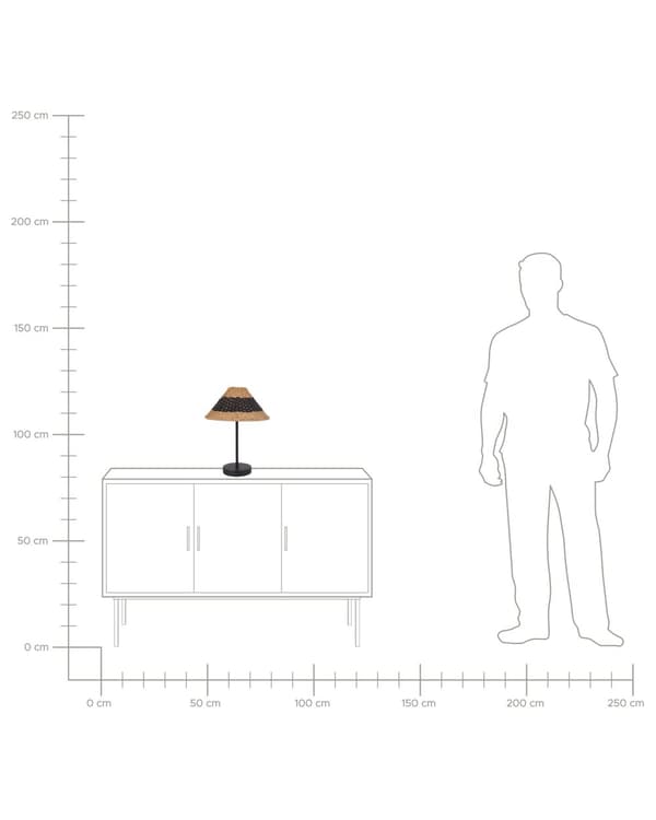 Bordlampe i beige/sort papir med kegleformet skærm med metalfod i bohemestil stue bord