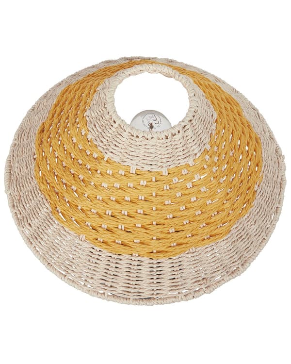 Bordlampe i beige/gul papir med kegleformet skærm med metalfod i bohemestil stue bord
