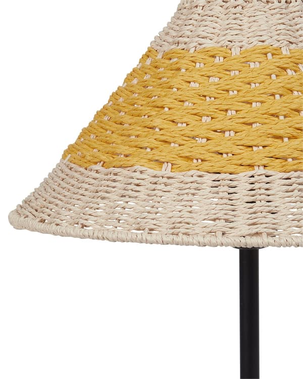 Bordlampe i beige/gul papir med kegleformet skærm med metalfod i bohemestil stue bord