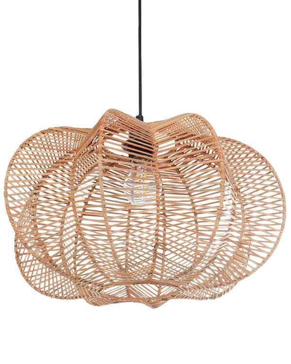 Pendel Lampe Rattan ø 44 cm Træ Lampe over Spisebord Loftlampe til Stuen Trælampe til Køkken
