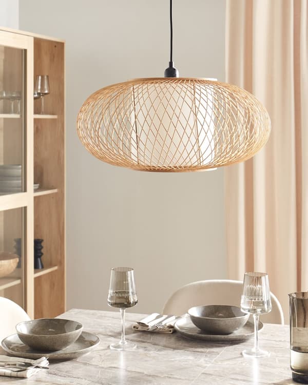 Pendel Lampe Bambus ø 49 cm Træ Lampe over Spisebord Boho Loftlampe til Stuen Natur Trælampe til Køkken