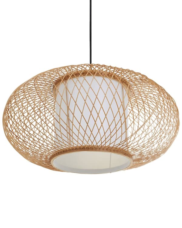 Pendel Lampe Bambus ø 49 cm Træ Lampe over Spisebord Boho Loftlampe til Stuen Natur Trælampe til Køkken