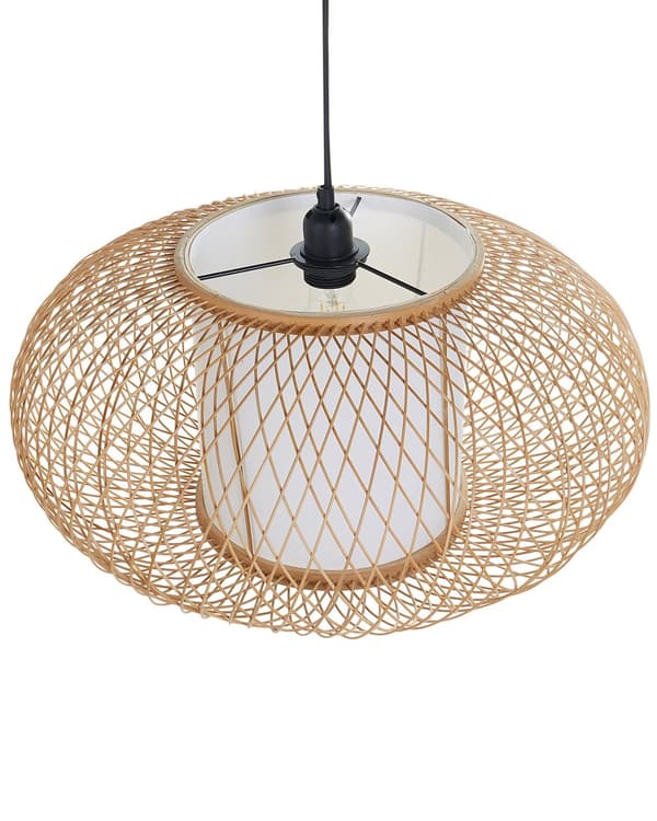 Pendel Lampe Bambus ø 49 cm Træ Lampe over Spisebord Boho Loftlampe til Stuen Natur Trælampe til Køkken
