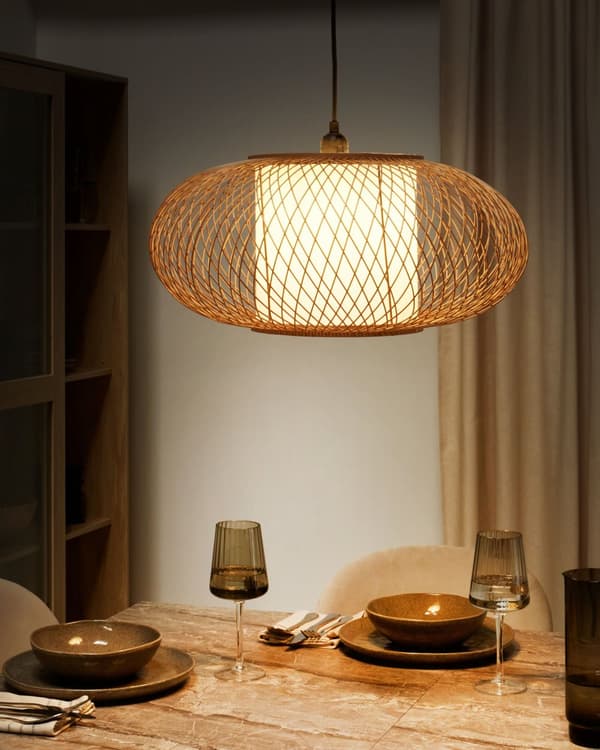 Pendel Lampe Bambus ø 49 cm Træ Lampe over Spisebord Boho Loftlampe til Stuen Natur Trælampe til Køkken