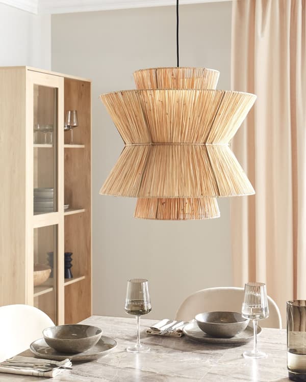 Pendel Lampe Halm ø 45 cm Træ Lampe over Spisebord Boho Loftlampe til Stuen Natur Trælampe til Køkken