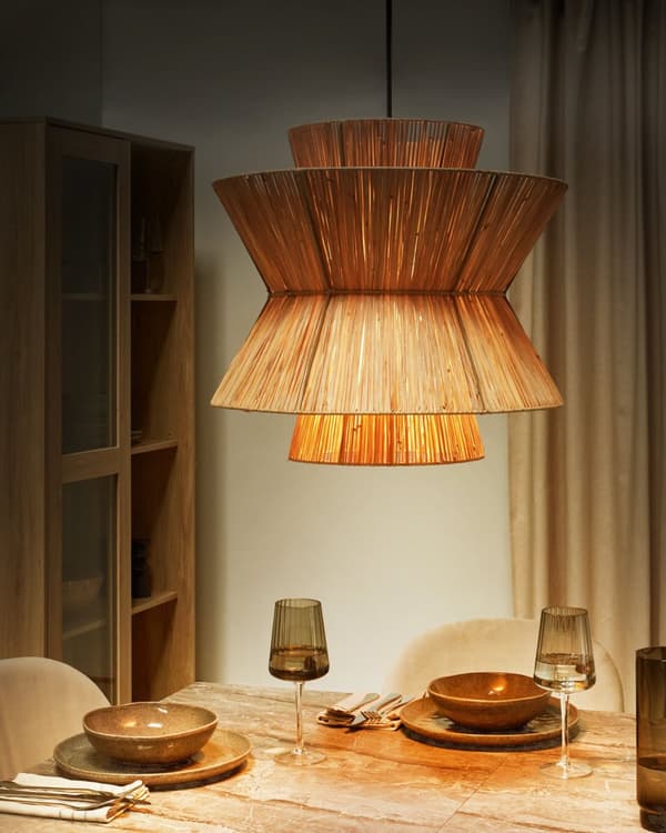 Pendel Lampe Halm ø 45 cm Træ Lampe over Spisebord Boho Loftlampe til Stuen Natur Trælampe til Køkken