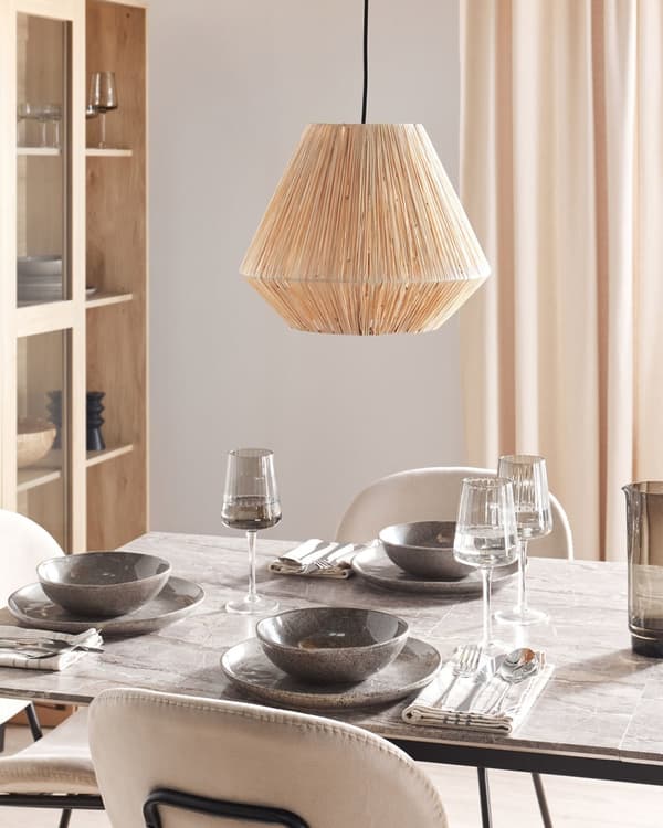 Pendel Lampe Halm ø 33 cm Træ Lampe over Spisebord Boho Loftlampe til Stuen Natur Trælampe til Køkken