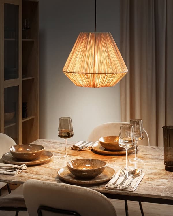 Pendel Lampe Halm ø 33 cm Træ Lampe over Spisebord Boho Loftlampe til Stuen Natur Trælampe til Køkken