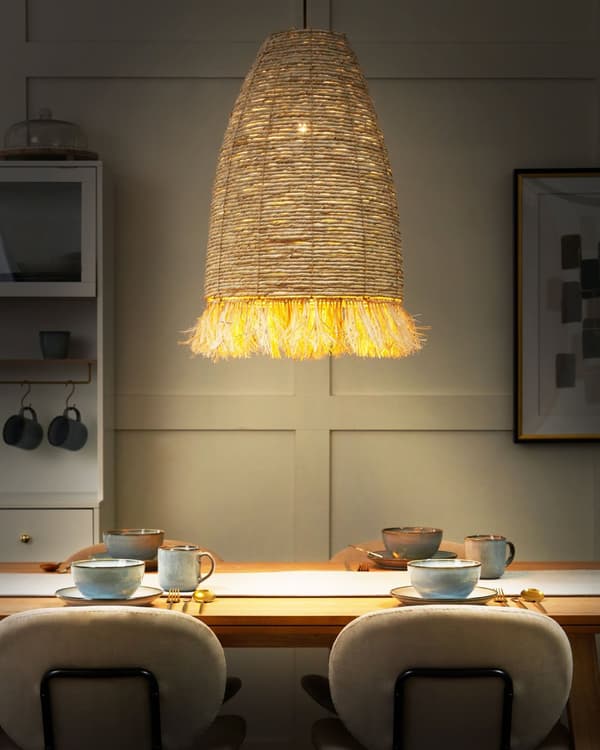 Pendel Lampe Majsblade ø 40 cm Træ Lampe over Spisebord Boho Loftlampe til Stuen Natur Trælampe til Køkken
