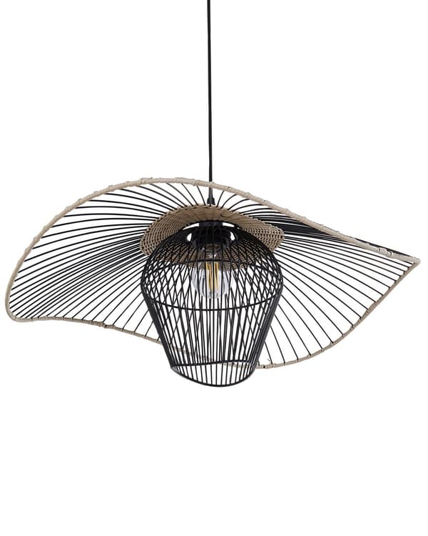 Pendellampe sort jern rattan ⌀ 60 x 110 cm håndlavet åben rustik stil stue værelse