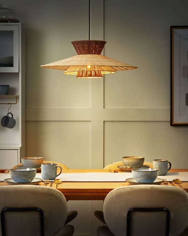 Pendel lampe brun beige rattan jern ⌀ 60 x 100 cm rund håndlavet boho stil stue værelse