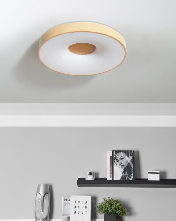 Loftslampe Lys Træ Hvid ø 60 cm Rund LED Lampe til Loft Flad Plafond Belysning med Fjernbetjening Moderne