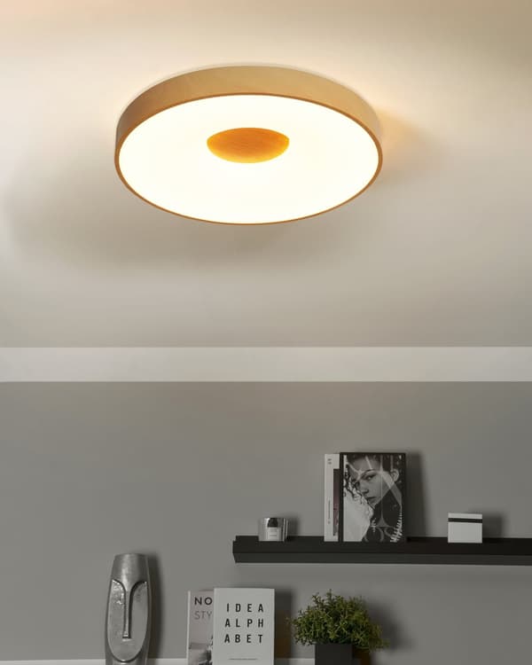 Loftslampe Lys Træ Hvid ø 60 cm Rund LED Lampe til Loft Flad Plafond Belysning med Fjernbetjening Moderne