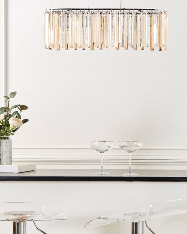 Lysekrone Sølvfarget Jern Pendellampe med glasskrystaller Kromfinish Belysning Stue Spisestue Glamour stil