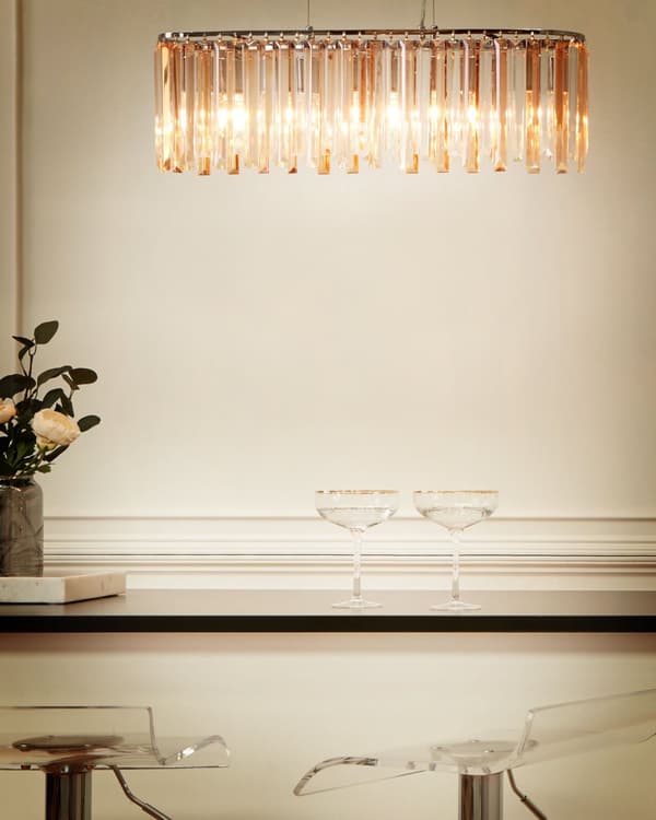 Lysekrone Sølvfarget Jern Pendellampe med glasskrystaller Kromfinish Belysning Stue Spisestue Glamour stil