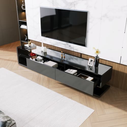 170cm TV-möbel med LED och glasvägg - 2 lådor - Svart