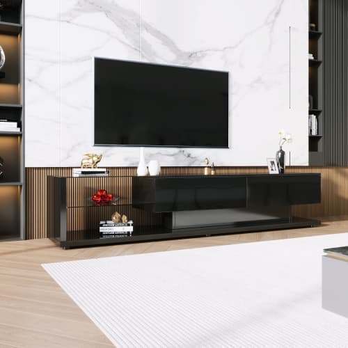 170cm TV-möbel med LED och glasvägg - 2 lådor - Svart