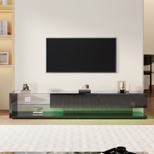 170cm TV-möbel med LED och glasvägg - 2 lådor - Svart