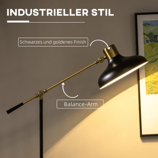 Rootz Industrial Design Gulvlampe - Justerbar belysning - Fleksibel ramme - Fodkontakt - 80 cm x 30 cm x 124-165 cm - Sort + Guld