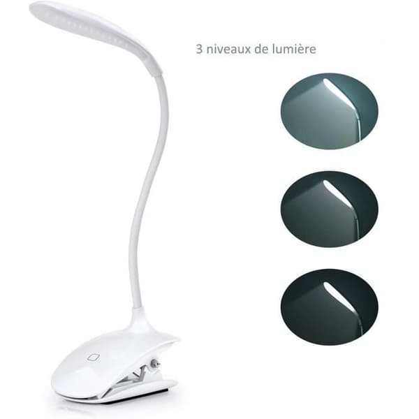 Led läslampa för bok - Uppladdningsbar skrivbordslampa med USB-kabel - 3 ljusnivåer - Vit